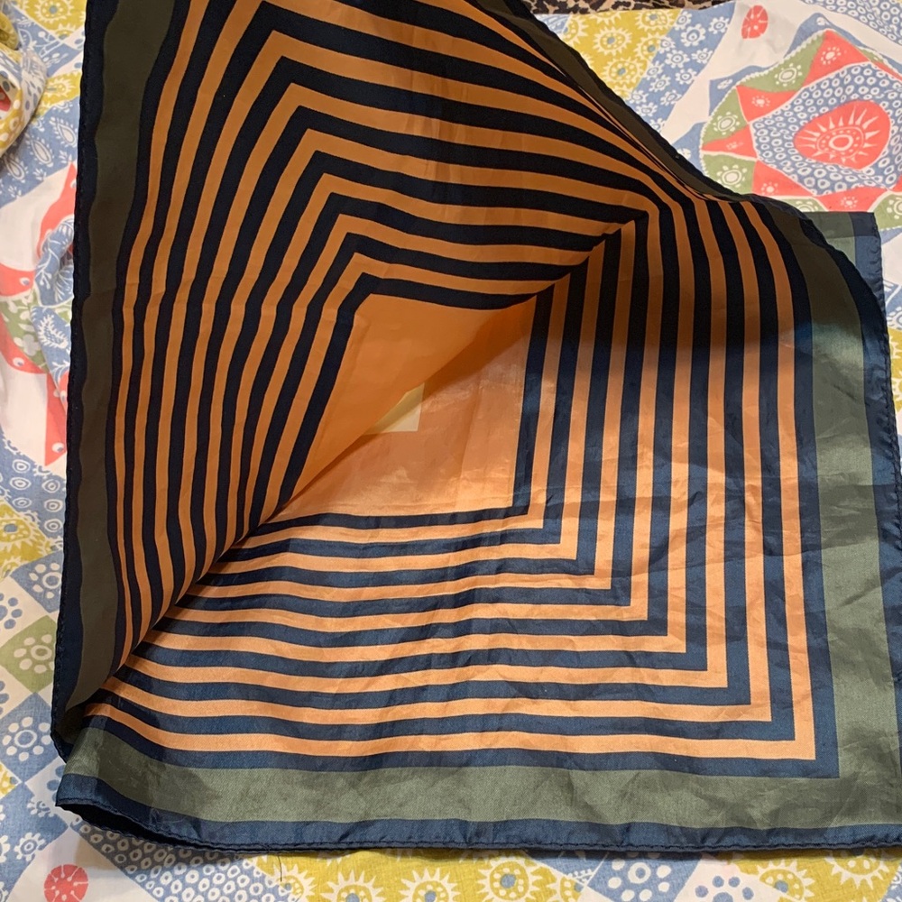 70’s Geometric Neutral Print Scarf in Navy, Goldish-Tan, and Forest Green - Picture 2 of 8